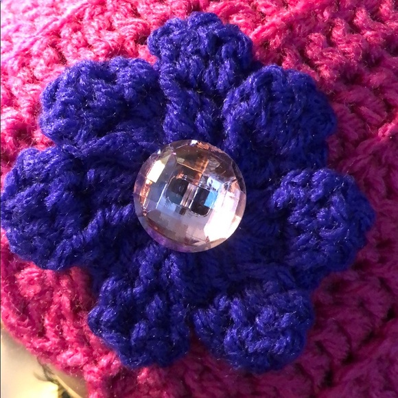 Ladies winter flower beanie hat handmade pink #359 - Picture 2 of 7